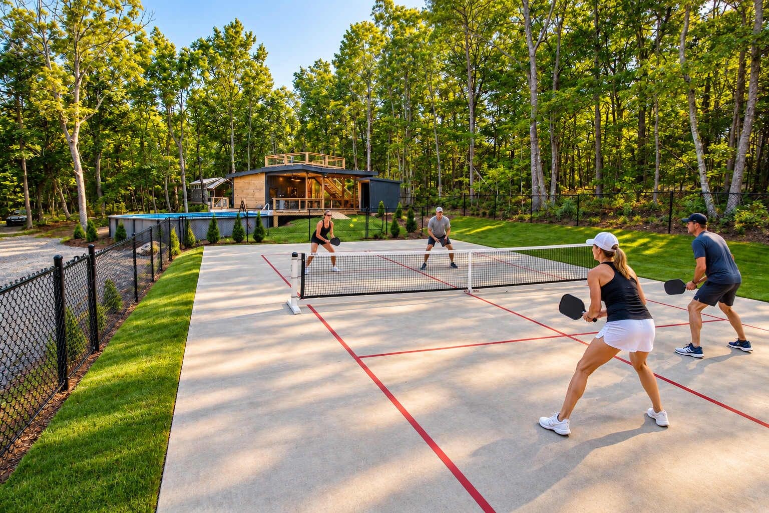 Un court de tennis en plein air, entouré d’une clôture en bois, avec un espace de repos couvert et des arbres en arrière-plan.