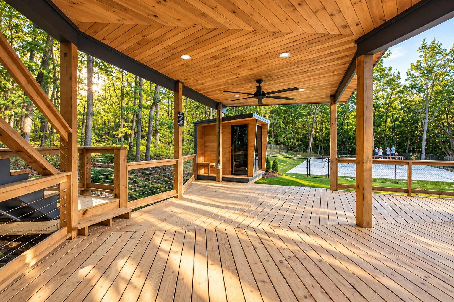 A wooden deck with a covered area, a small cabin-like structure, and a view of a lake.
