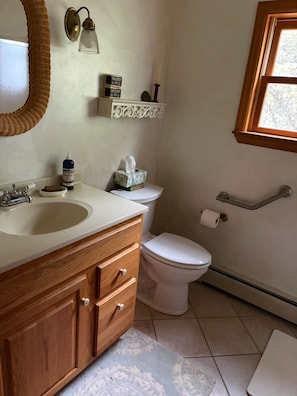 Shower, jetted bath, hair dryer, towels