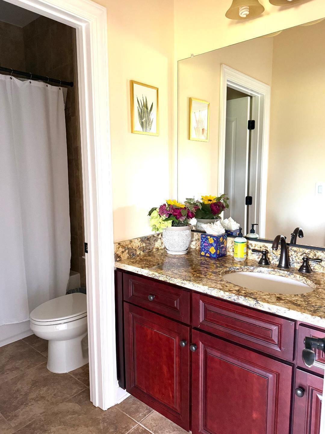 A bathroom with a toilet, a sink with a mirror, and a shower curtain.