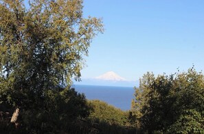 A mountain with a clear sky and a body of water in the background. - Brown Bear Cabin on the Cook Inlet. Basecamp for all your Alaskan adventures! (Ninilchik)