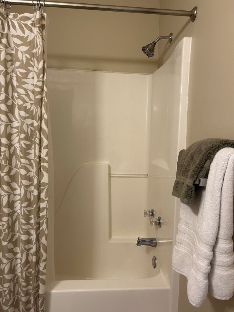 Hair dryer, towels, soap, toilet paper