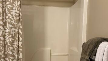 Hair dryer, towels, soap, toilet paper
