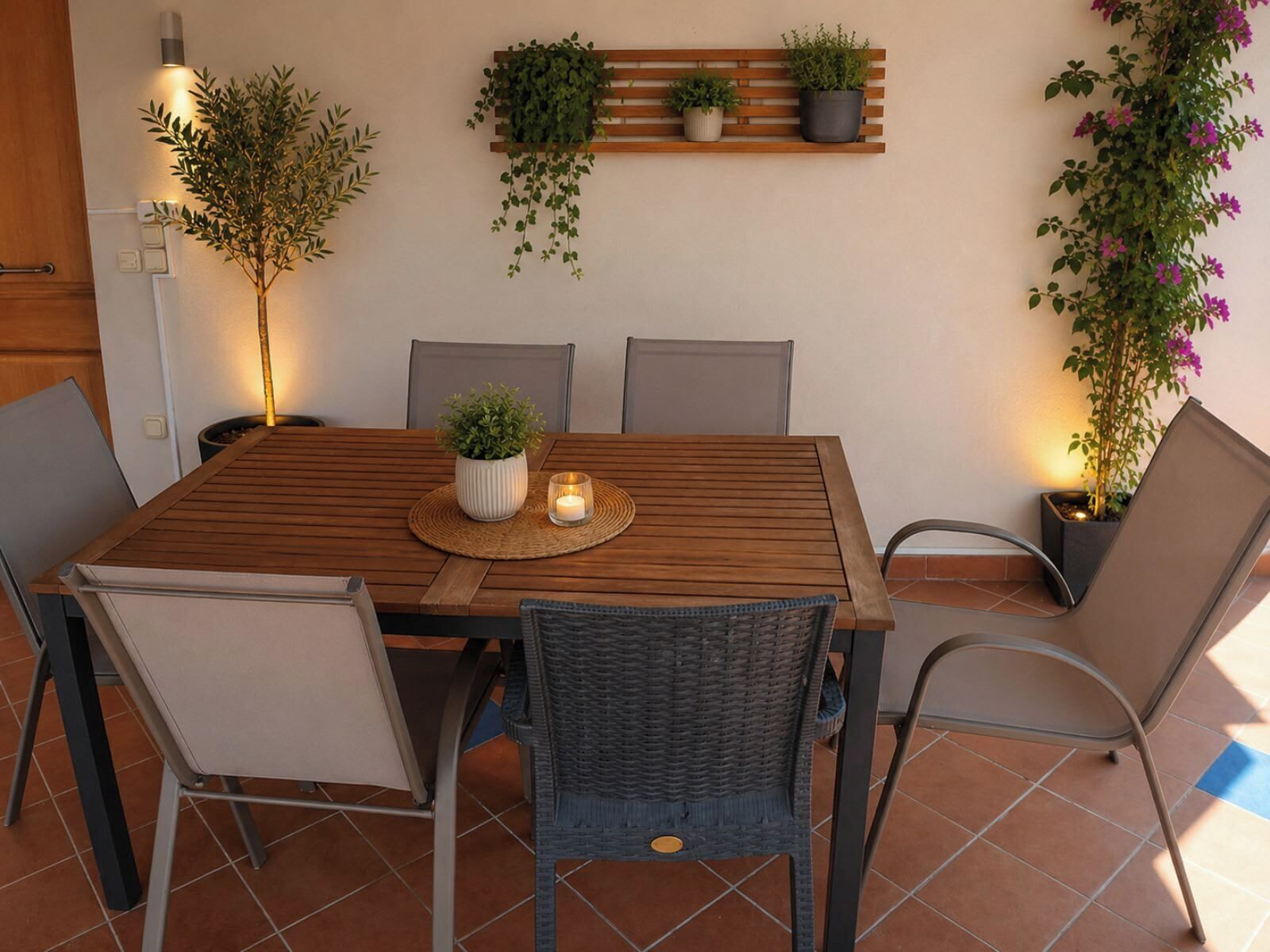 A dining area with a wooden table, six chairs, and potted plants on shelves.