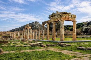 Ancient ruins with stone columns and a partially intact archway, surrounded by grassy fields and a clear sky. - Pavlos Loft - Garden Views & Terrace in Leontari (Leontario)