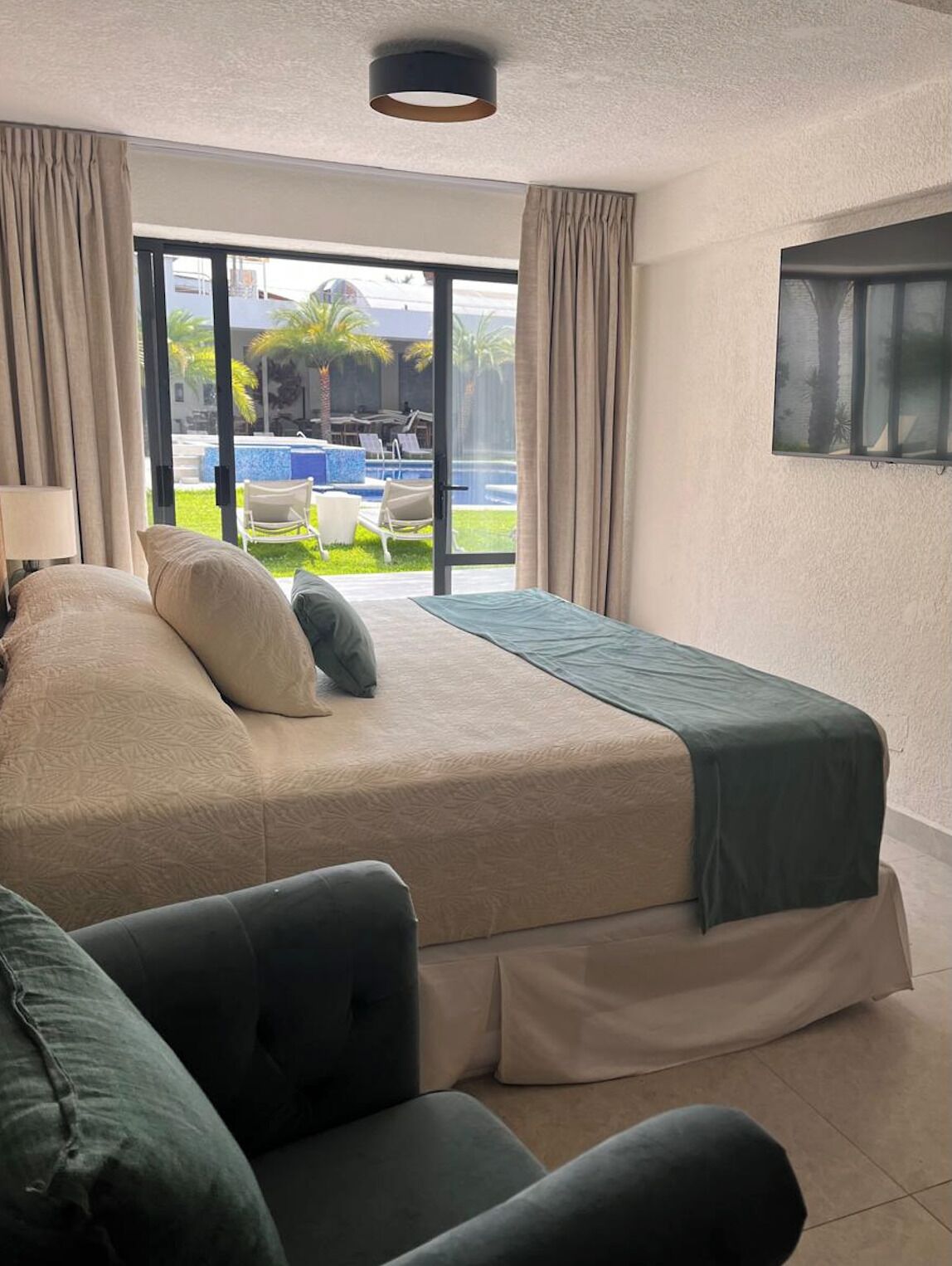 Classic Double Room, Patio, Pool View | In-room safe, desk, laptop workspace, blackout curtains