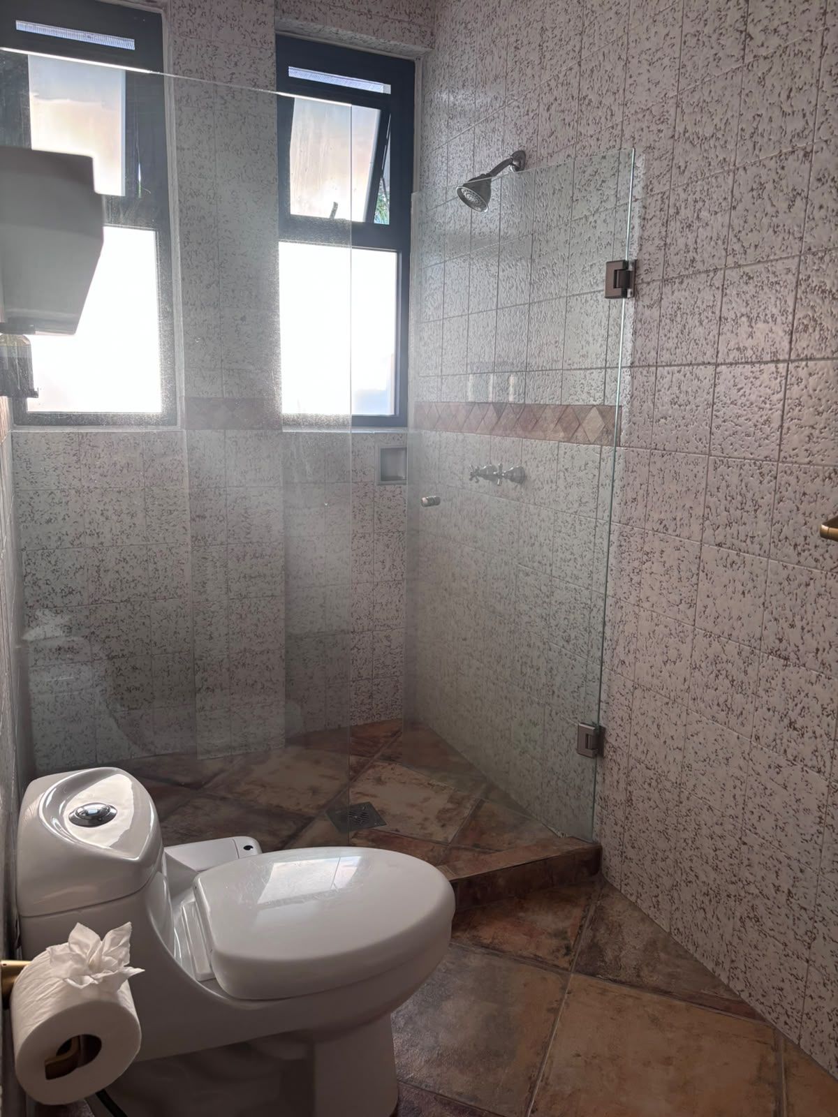 A bathroom with a toilet, a shower, and a window.