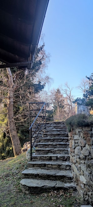 Un escalier en pierre mène à une zone abritée, entourée d’arbres et d’un mur de pierre.