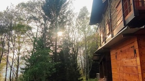 Een houten chalet met een pad van stenen dat naar de ingang leidt, omringd door bomen en een heldere lucht.
