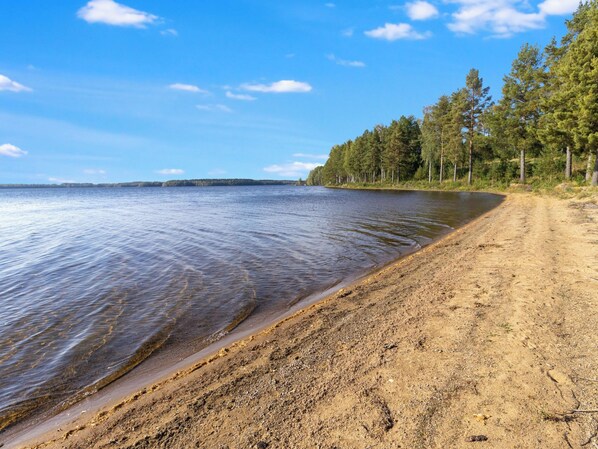Une plage à l’eau claire, un rivage sablonneux et une zone boisée en arrière-plan.