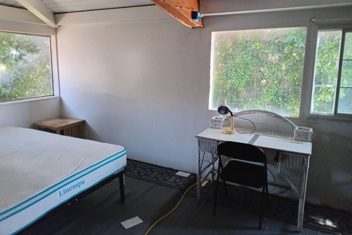 Une chambre avec un lit, un bureau, une chaise et de grandes fenêtres.