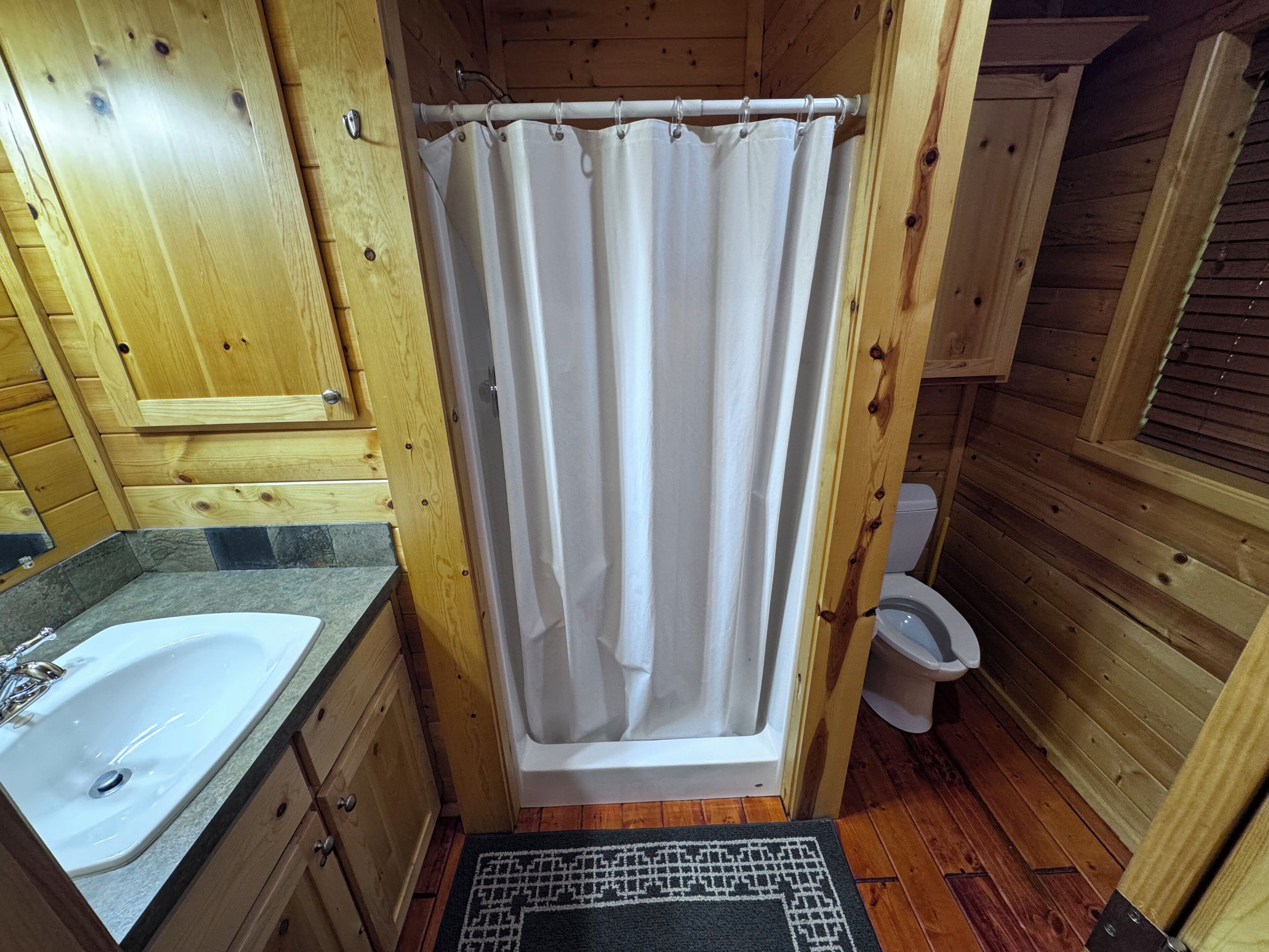 Shower, towels, soap, toilet paper