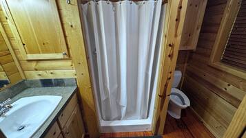 Shower, towels, soap, toilet paper