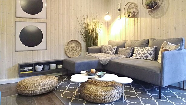 A living room with a grey sofa, round coffee tables, and a patterned rug.