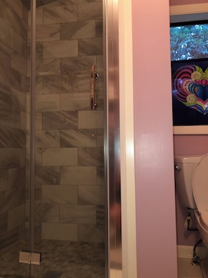 Shower, hair dryer, towels, soap