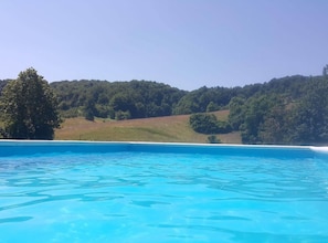 A swimming pool with clear blue water, surrounded by a grassy landscape and trees.