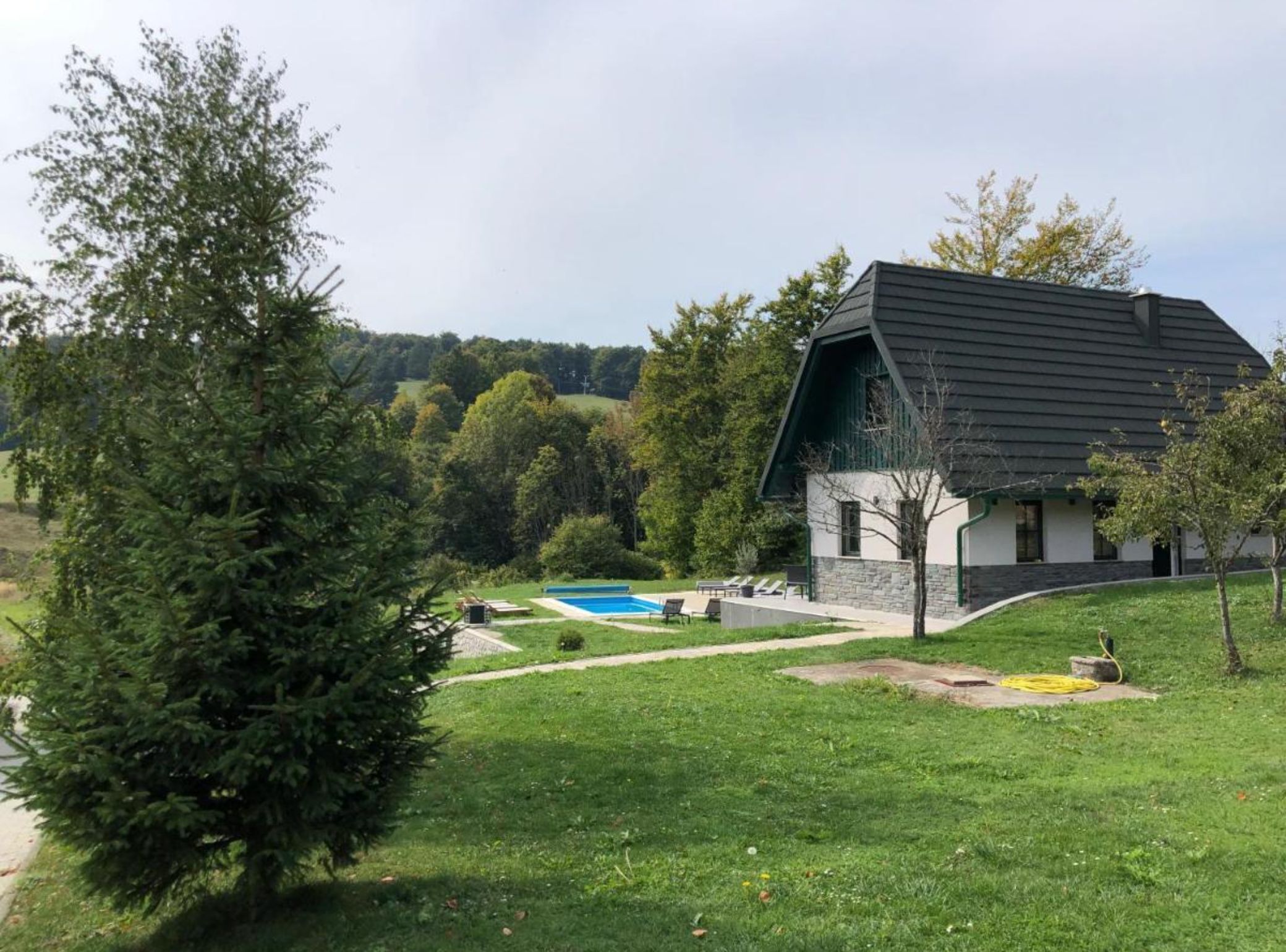 Ein Haus mit Swimmingpool, umgeben von Rasenfläche und Bäumen.