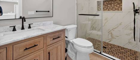 Shower, hair dryer, towels, shampoo