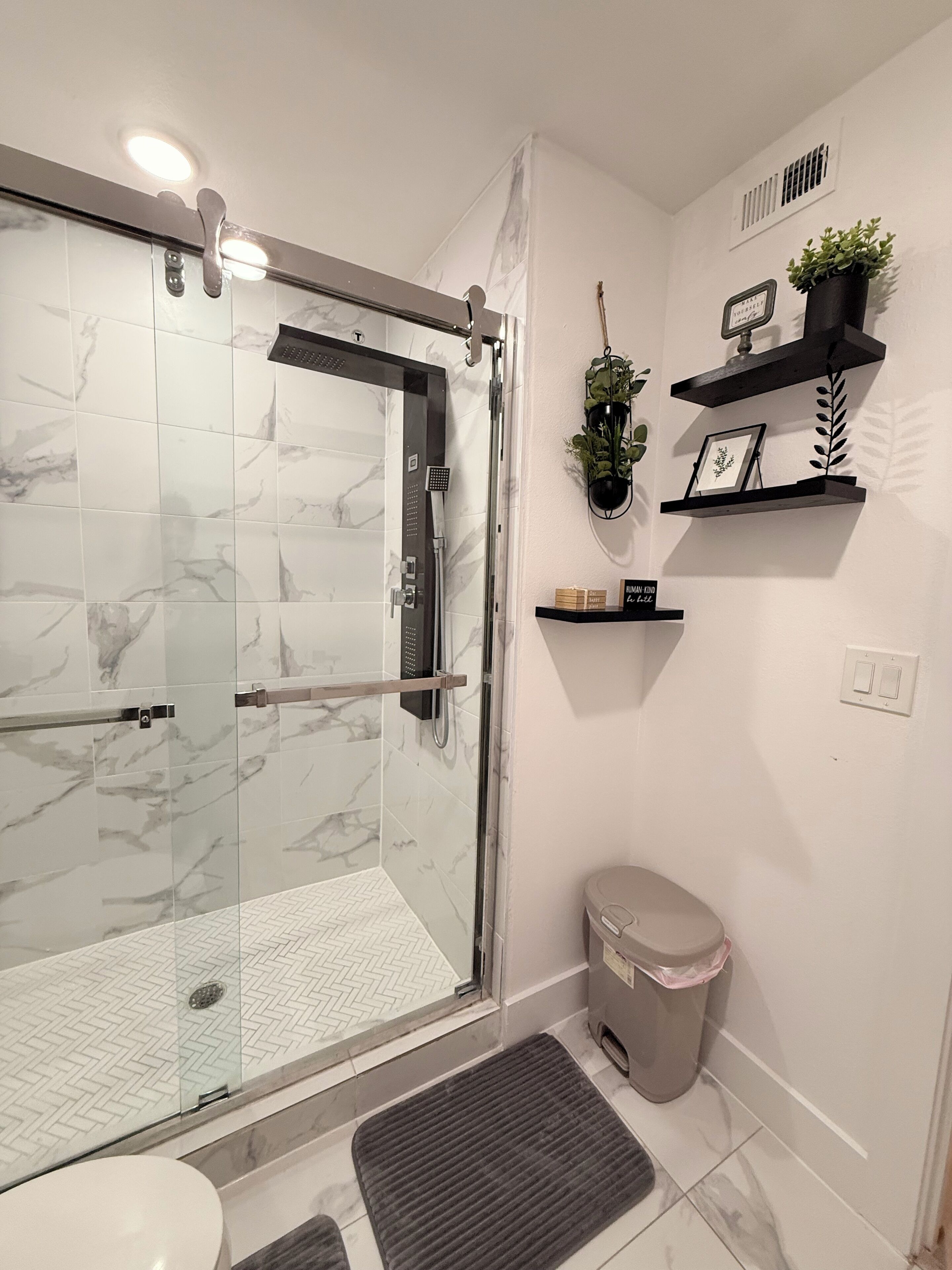 Hair dryer, towels, soap, toilet paper