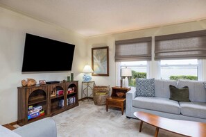 Een woonkamer met een flatscreen televisie, een boekenplank, een lamp, een rieten mand en een grijze bank met gekleurde kussens.