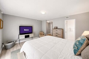 A bedroom with a bed, a television displaying 'Roku', a dresser, a chair, and a door.