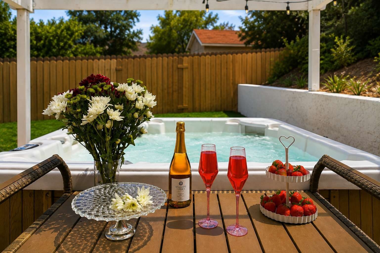 A hot tub with a wooden deck, a glass table with a vase of flowers, and two glasses of red liquid.