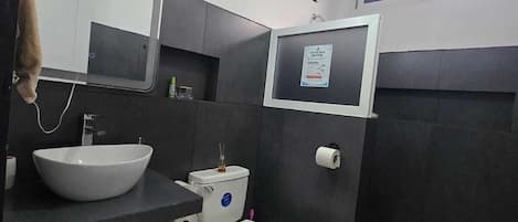 Shower, towels, soap, toilet paper