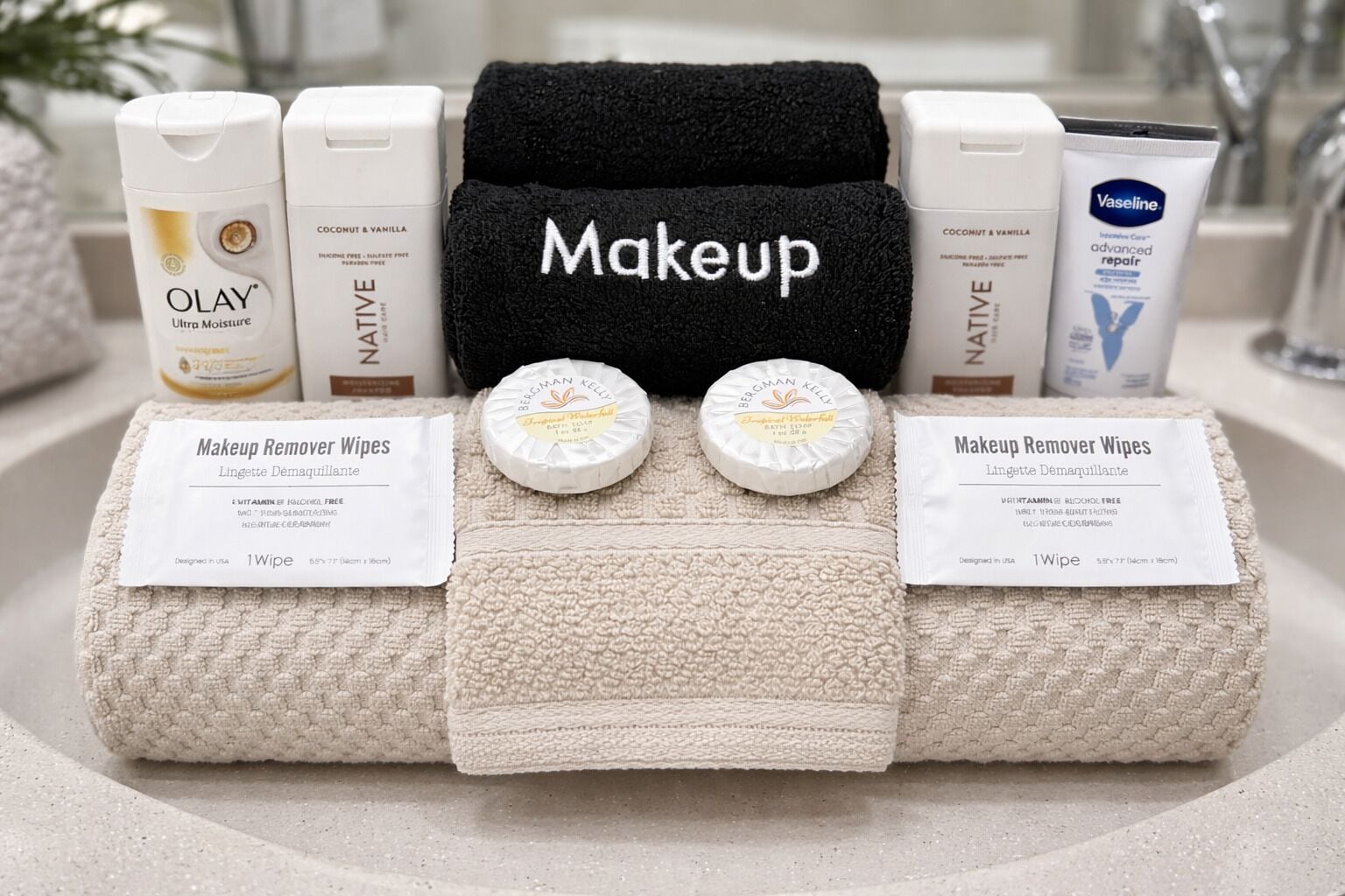 Hair dryer, towels, soap, toilet paper