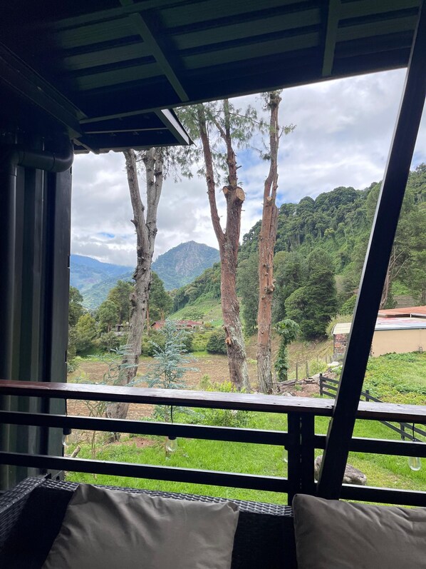 A room with a view of a mountainous landscape through a window.
