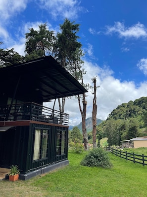 Un bâtiment moderne doté d’un balcon, entouré d’une végétation luxuriante et de grands arbres.