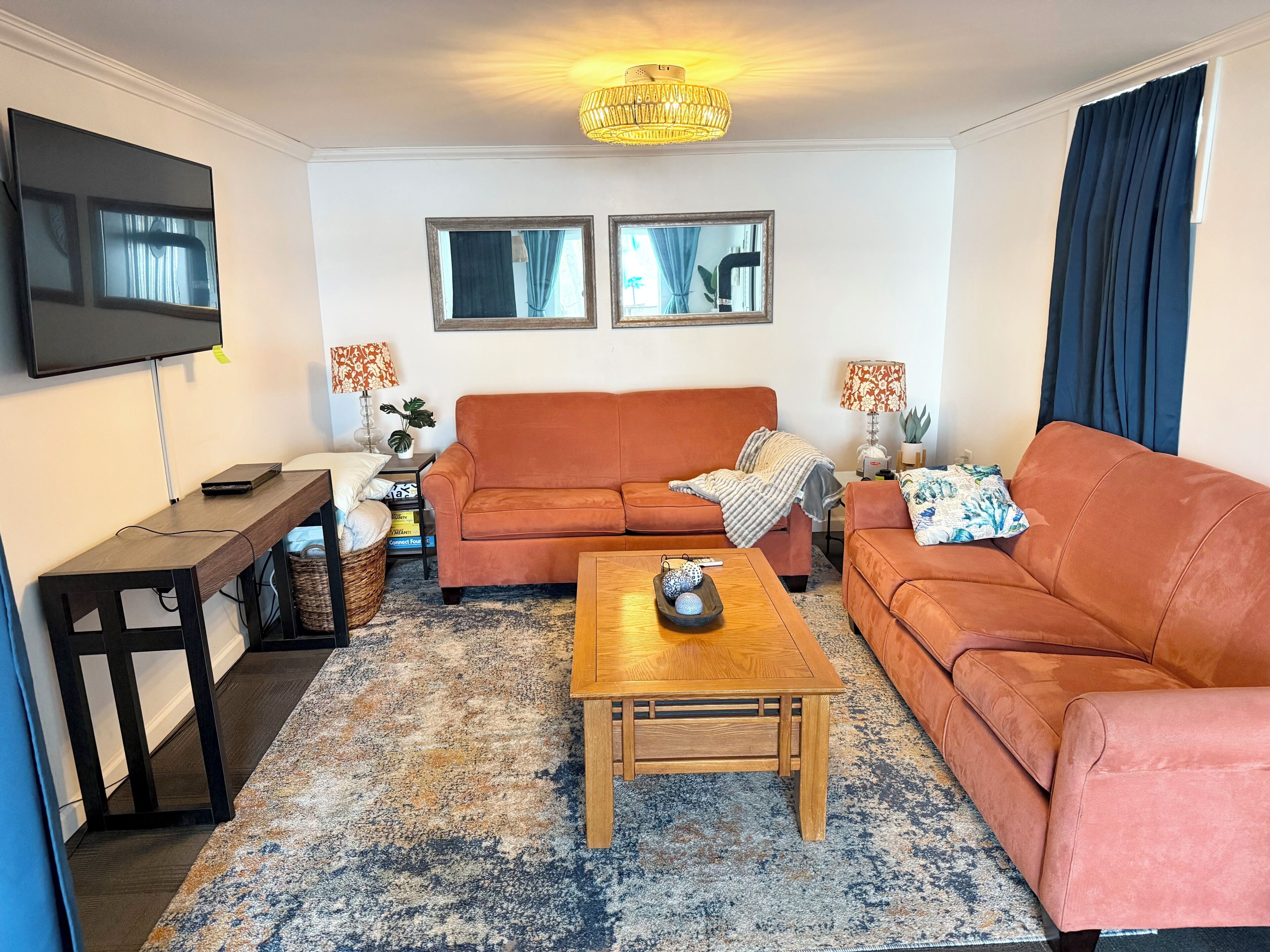 Smart TV, fireplace, DVD player, books