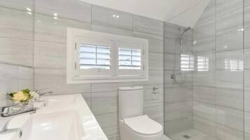 Shower, hair dryer, towels, toilet paper