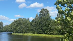 A serene lake surrounded by dense greenery and trees under a clear blue sky with scattered clouds.