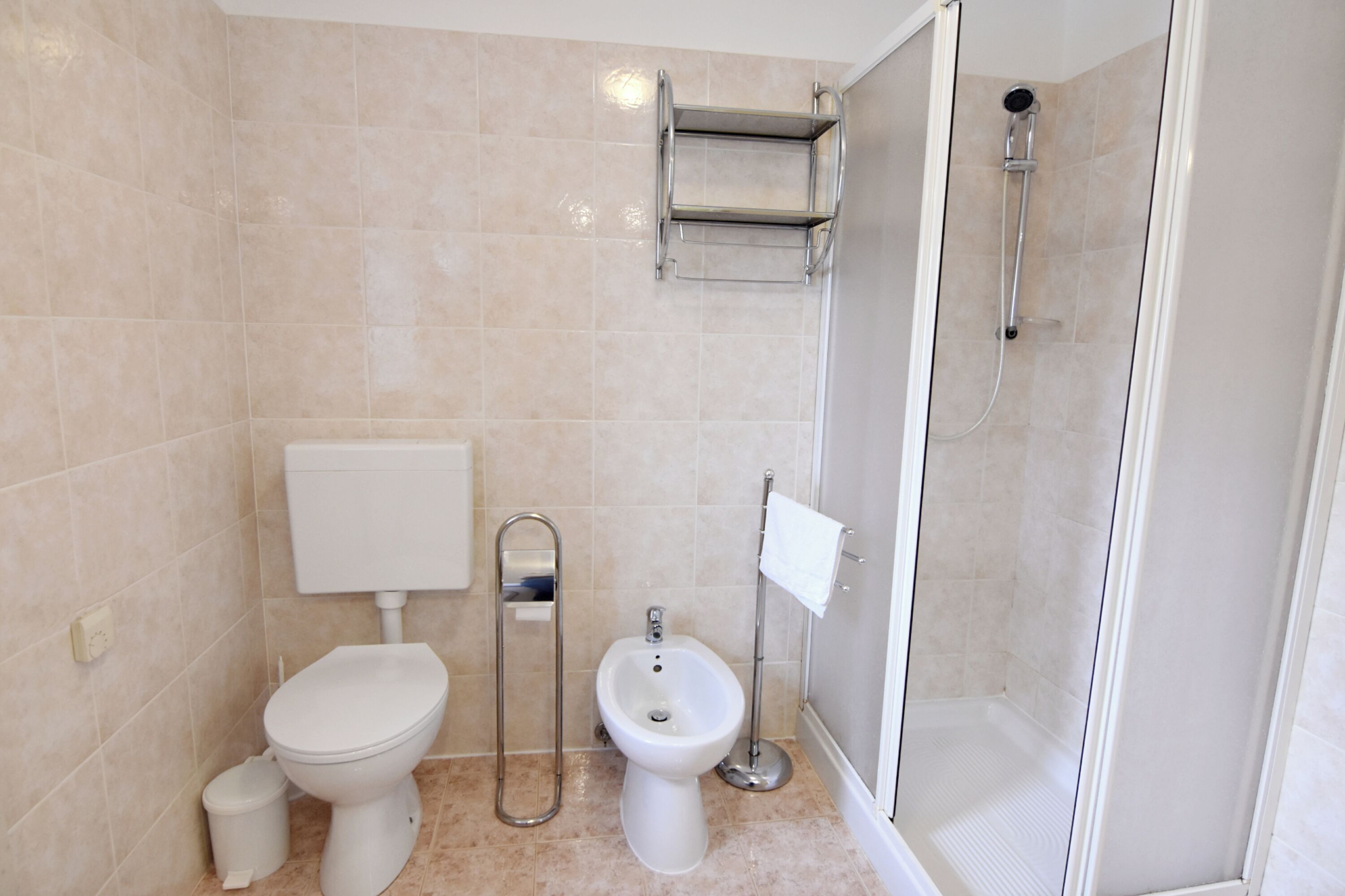 A bathroom with a toilet, bidet, and shower.