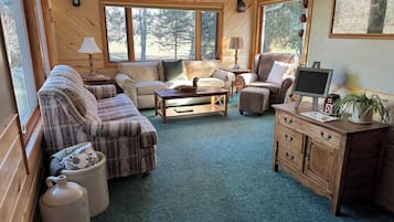 Un salon chaleureux avec une cheminée, de grandes fenêtres et un intérieur rustique en bois.