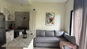 A modern kitchen with granite countertops, a built-in oven, and a dining area with a grey sofa and a small table. - Cozy 1-bedroom condo with AC in welcoming Punta Cana (Punta Cana)
