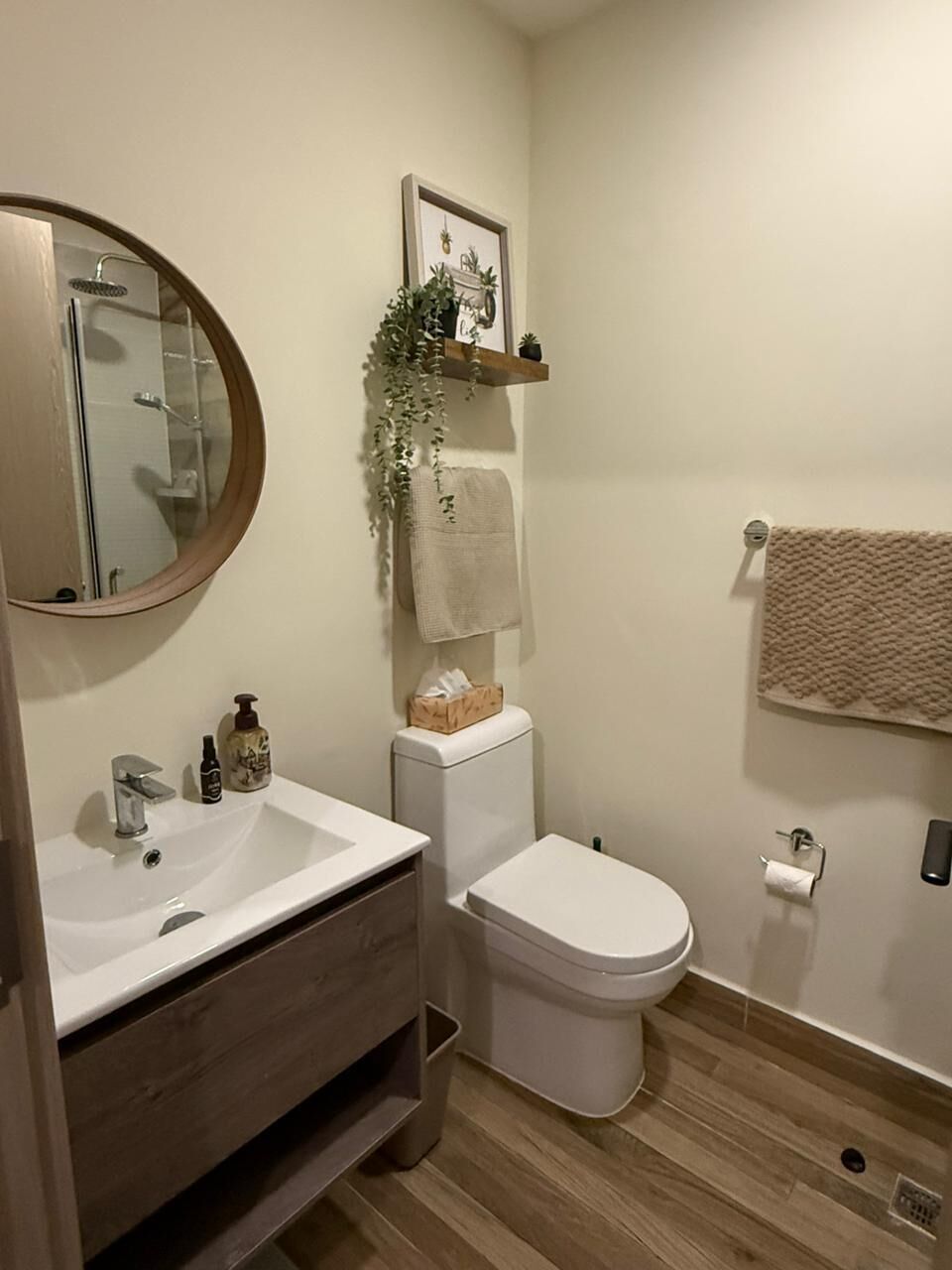 Regadera, toallas, papel de baño 