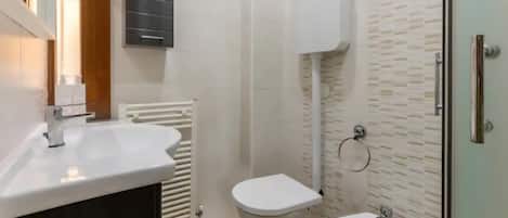 Hair dryer, towels, soap, toilet paper