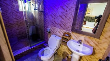 Shower, towels, soap, shampoo
