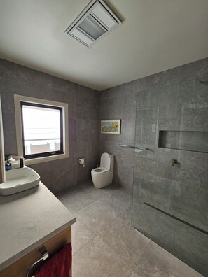 Shower, hair dryer, towels, soap