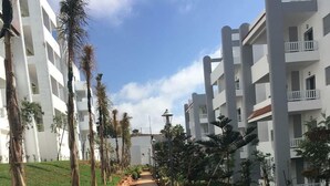 A pathway lined with palm trees and a brick walkway leading to a white building with balconies.
