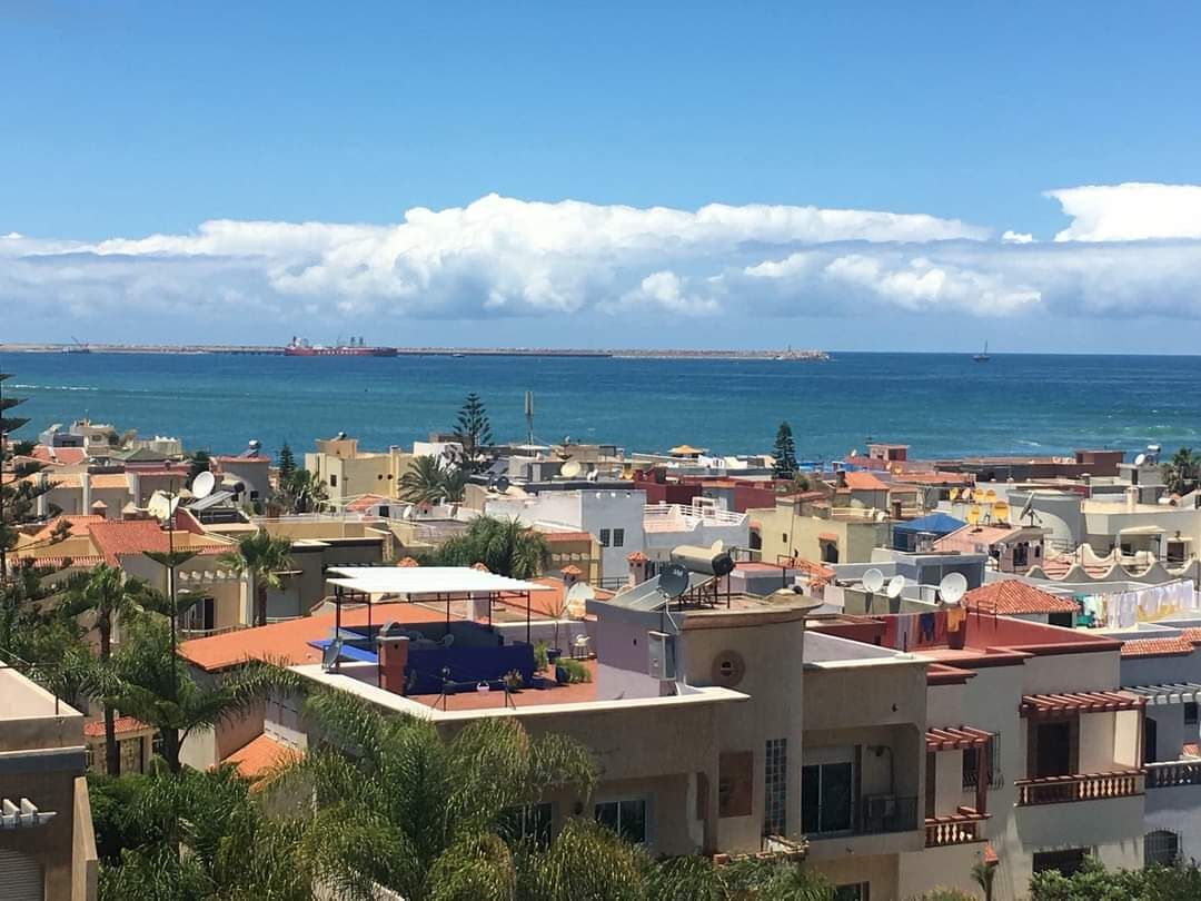 A coastal residential area with buildings, a view of the sea, and a distant ship.