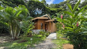 Uma casa de madeira com um caminho de cascalho que leva à entrada, cercada por vegetação tropical exuberante.