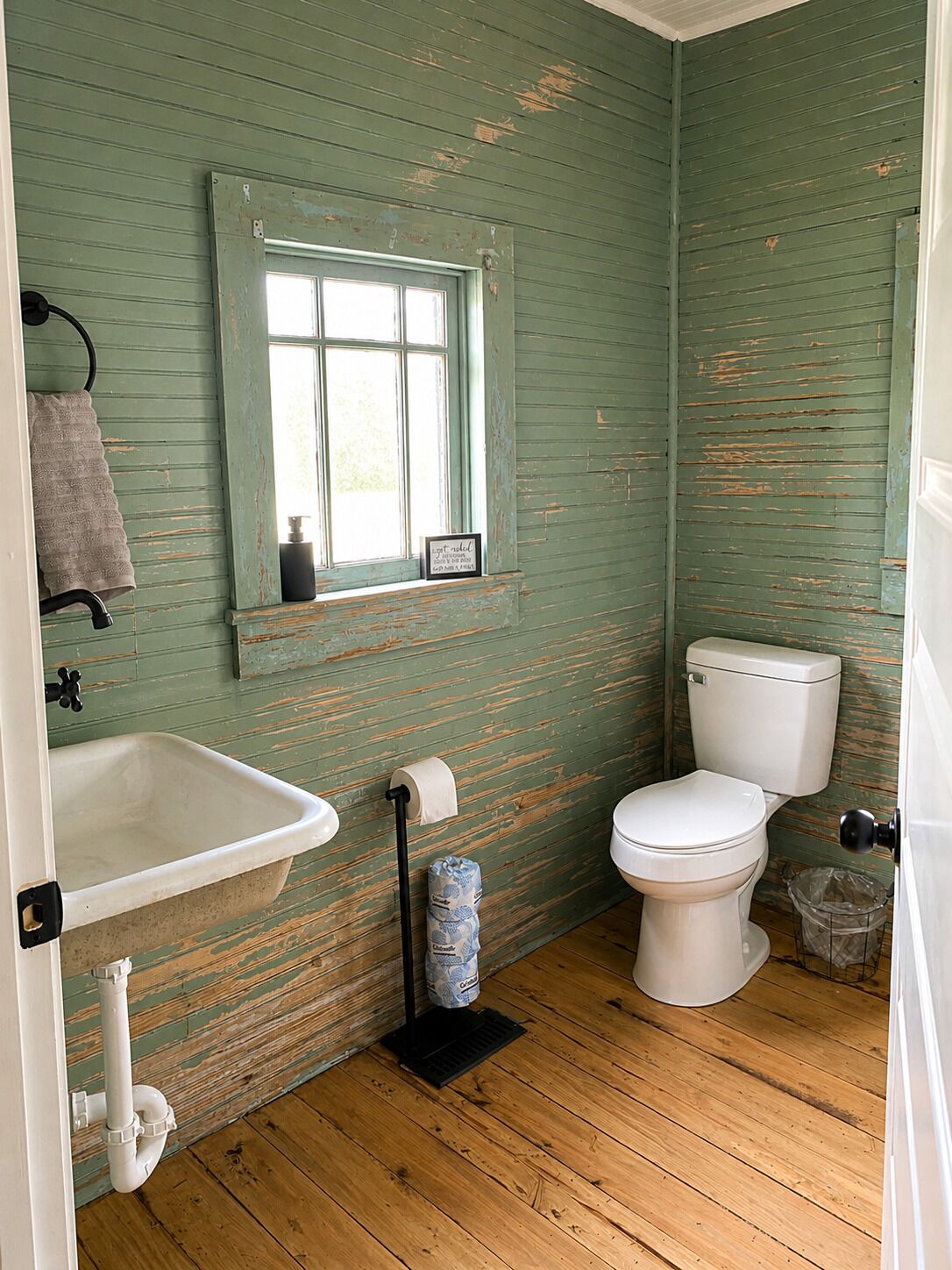 Ein Badezimmer mit grüner Wand, Fenster, Waschbecken, Toilette und Dusche.