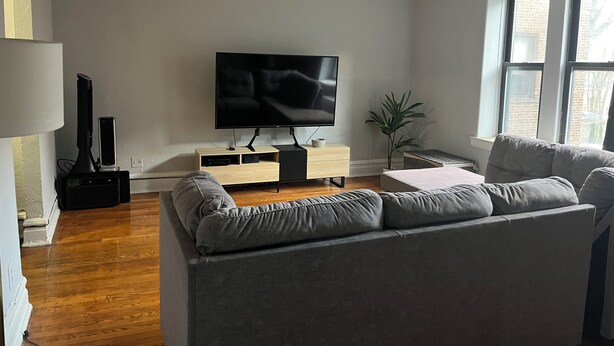 Ein Wohnzimmer mit grauem Sofa, einem Flachbildfernseher, einer Holzkommode und einer Pflanze.