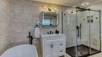 Hair dryer, towels, soap, toilet paper