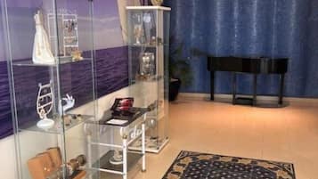 Habitació amb un piano, vitrines de vidre amb diferents objectes, una catifes amb dibuixos i una paret amb un quadre.