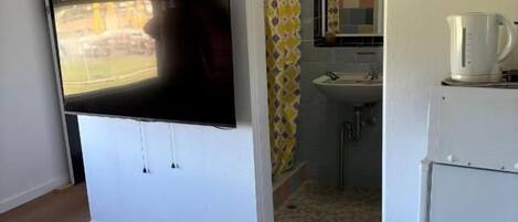 A hotel room with a bed, a television, a kitchen area with a refrigerator, and a bathroom with a shower curtain.