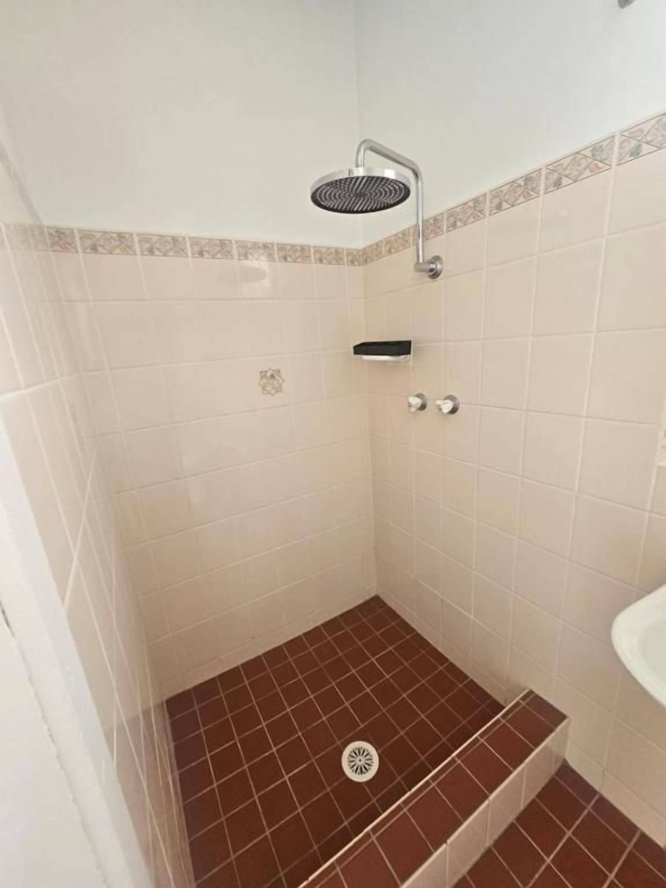A small, enclosed shower area with a showerhead, a step, and a drain.