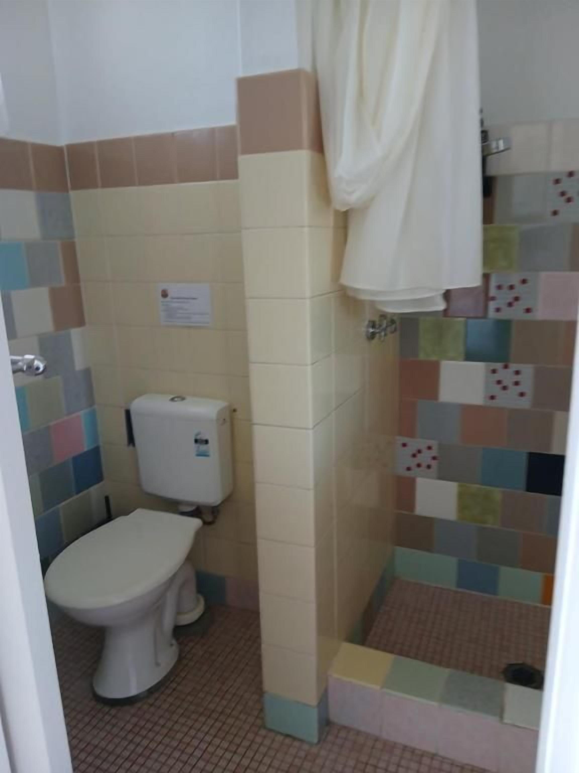 Een badkamer met een toilet, een douche en een betegelde wand.